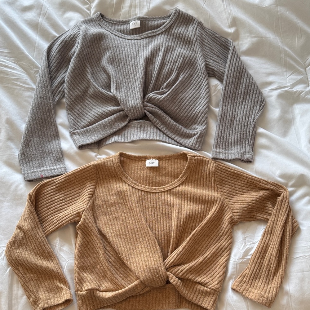 Kids Ribbed Twist Knot Crop Sweater - Gray and Tan